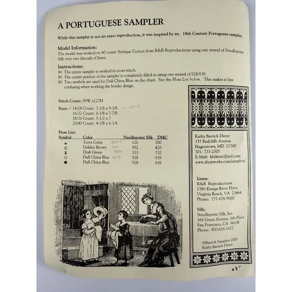 Kathy Barrick Cross Stitch Chart Kit A Portuguese Sampler Vintage 2000 Linen WIP